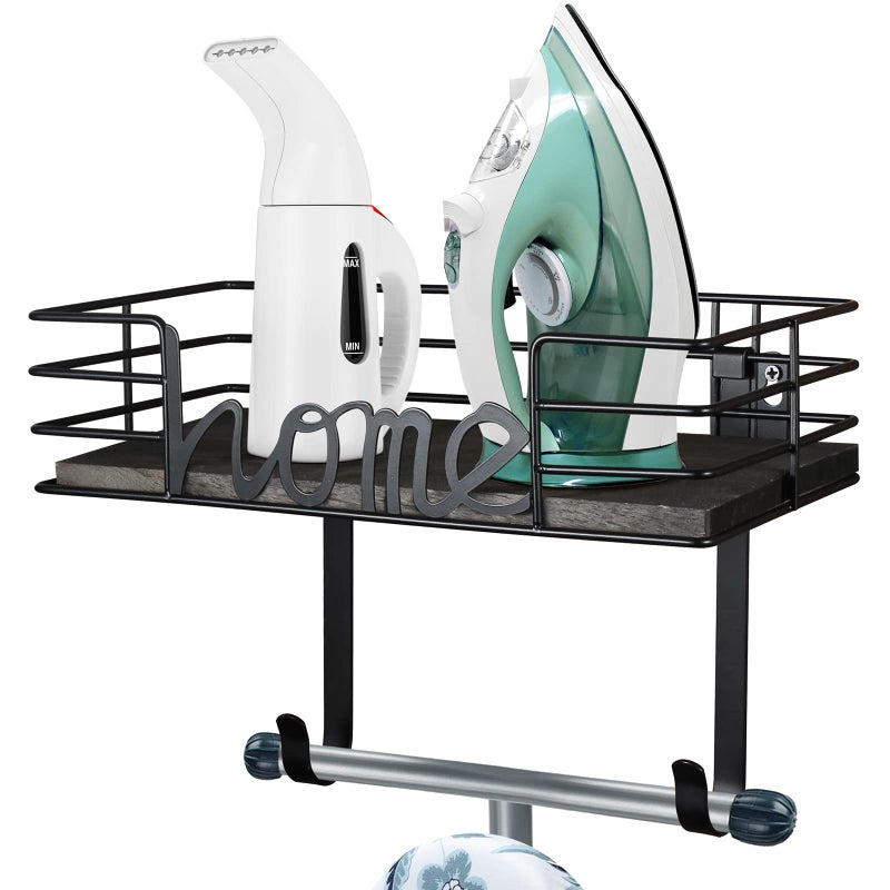 TJMOREE TJ.MOREE Ironing Board Hanger Wall Mount- Laundry Room Decor- Iron and Ironing Board Holder, Laundry Room Organization and Storage with Large Storage Dark Gray Wooden Base Basket and Removable Hooks - Image 1